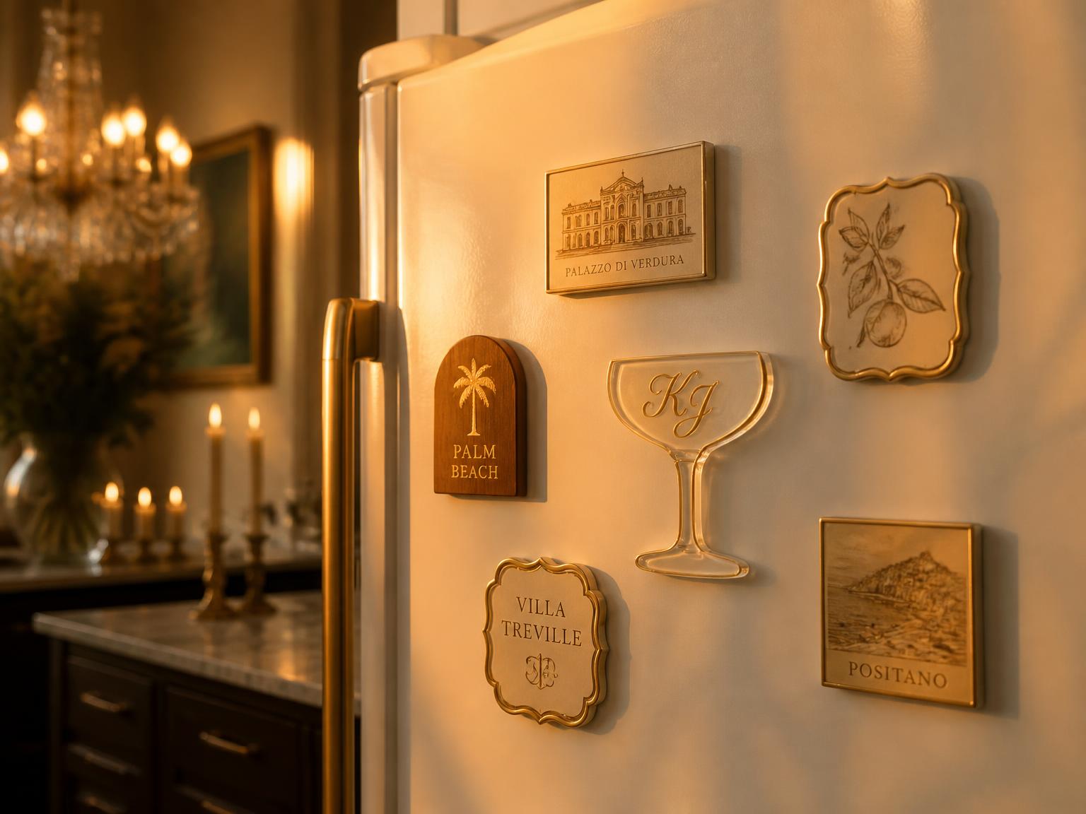 Nevera de una cocina elegante con varios imanes LoveTap iluminados por luz dorada cálida