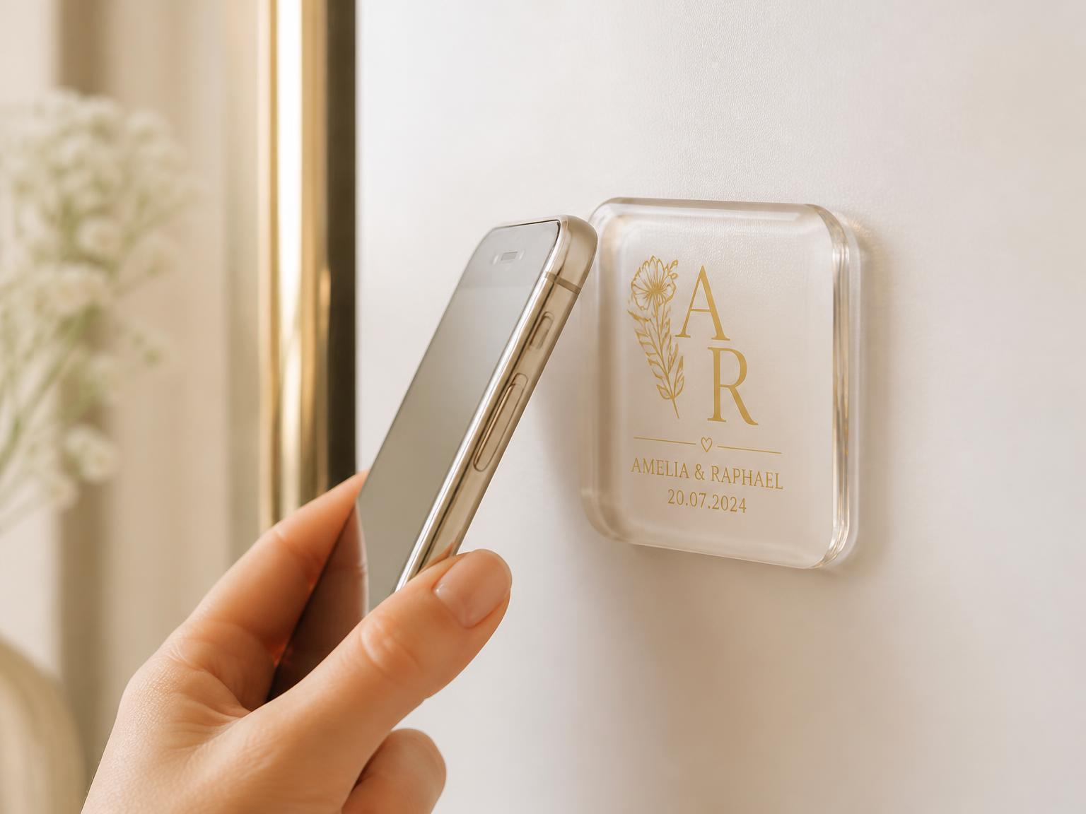 Teléfono acercándose a un imán de acrílico LoveTap con monograma dorado sobre un refrigerador blanco